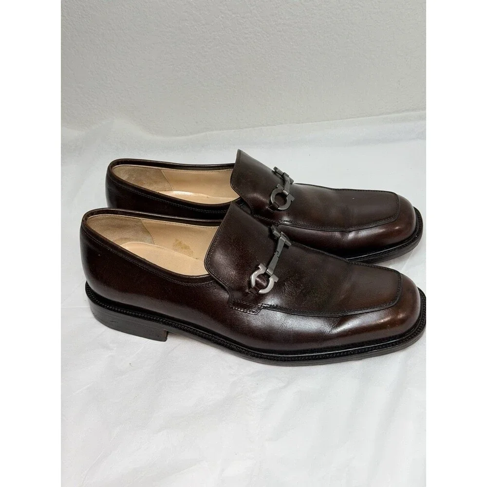 Salvatore Ferragamo Studio Gancini Brown Leather Loafers Men’s 8.5 2E Italy